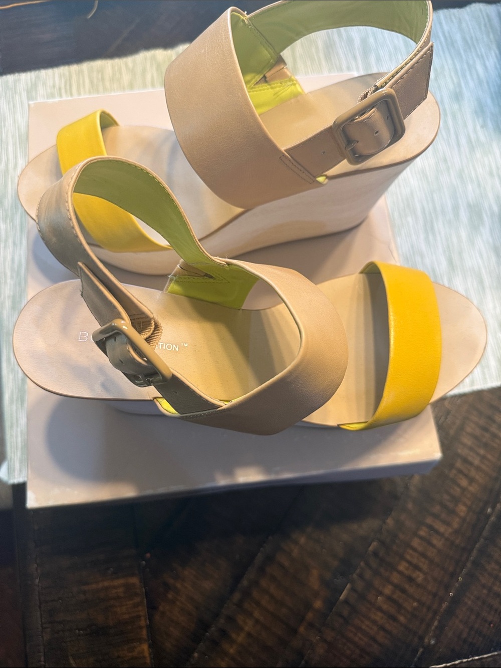 BCBGeneration Beige and Yellow Wedge Sandals